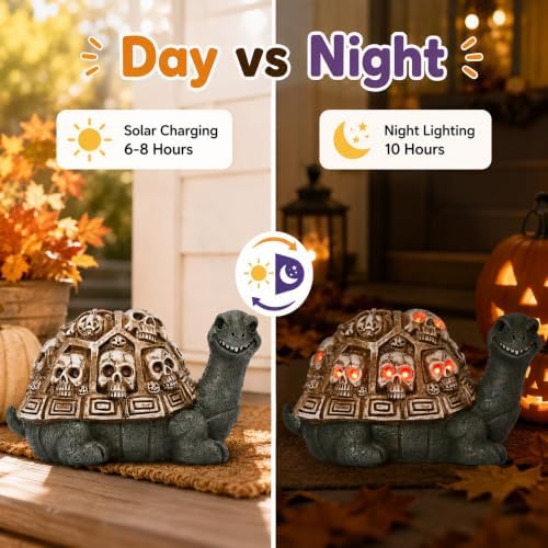 Nacome Solar Turtle Garden Statue - Skull Shell & Red Eyes, Halloween Decor - Image 4