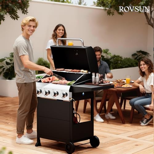 ROVSUN 4 Burner Propane Gas Grill with Foldable Side Shelves, 40000BTU BBQ Grills with Enameled Cast Iron Grates, Cabinet & Poratable Rolling Wheels for Outdoor Garden Patio Backyard Barbecue Cooking - Image 7