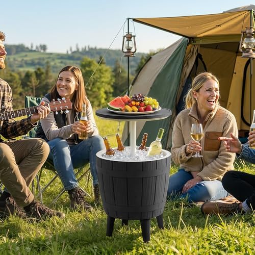EasyUp Outdoor Resin Ice Bucket & Beverage Cooler-Patio Cooler Table with UV Protection,Wood-Look Side Tables for Your Patio, Picnic, and Beach Party (Black) - Image 2