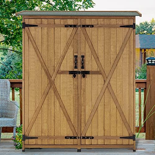 MCombo Outdoor Storage Cabinet with Shelves, Wood Garden Shed with Floor, Outside Tool Shed with 2 Lockable Doors for Yard Patio Lawn, 1400 (Natural) - Image 2