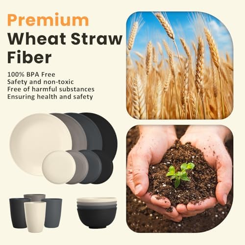 Homienly Wheat Straw Dinnerware Set - Dinner Plates, Cereal Bowls, Drinking Cups Set, Unbreakable 16 PCS Dish Set, Microwave and Dishwasher Safe Dishes for Home, Outdoor - Grey Stone - Image 3