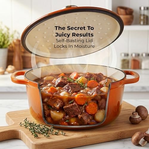 Zulay Kitchen 6 Quart Enameled Cast Iron Dutch Oven Pot with Lid – Premium Durability & Oven Safe up to 500°F – Heavy Duty Cookware Perfect for Bread Baking, Stews, Braising & Roasting – Orange - Image 5