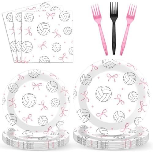 96PCS Volleyball and Bow Party Paper Plates and Napkins for Sports Themed Party Dessert Cake Plates Disposable Decor Pink Bow Volleyball Parties Set for Boys Girls Birthday Gatherings Decorations by Oitnlaughter
