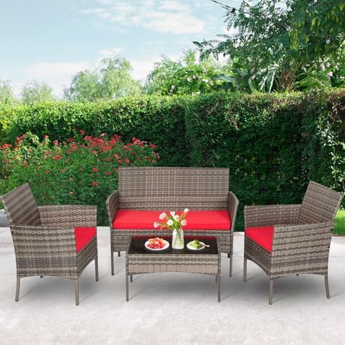 FDW 4-Piece Patio Furniture Set | Gray & Red |Outdoor Wicker Furniture - Image 2