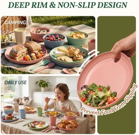 Homienly Wheat Straw Dinnerware Sets 20 PCS Plates and Bowls Sets Microwave and Dishwasher Safe Dish Set Unbreakable Camping Dish Set Cups and Plates Sets for Kitchen, Picnic, RV (Multilight) - Image 6