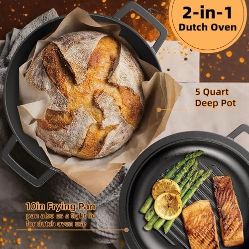 Cast Iron Dutch Oven Pot with Skillet Lid – Pre-Seasoned – Skillet Lid Cooking Pan– PFAS-Free –Umite Chef Cast Iron Skillet Cookware for Bread, Frying, Baking – Dual Handles – Oven, Grill, Campfire & Stovetop Safe – Durable & Non-Toxic, 5QT - Image 5