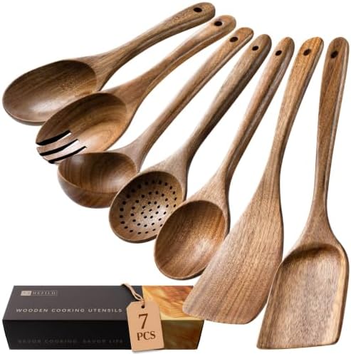Wooden Spoons for Cooking, 7-Piece Acacia Wood Cooking Utensil Set by HEFILD