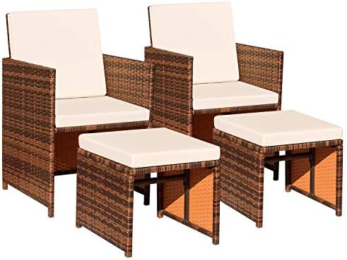 Devoko 4 Pieces Patio Wicker Furniture Set Outdoor Patio Chairs with Ottomans All Weather Cushioned Chairs Balcony Porch Furniture (Beige) - Image 2