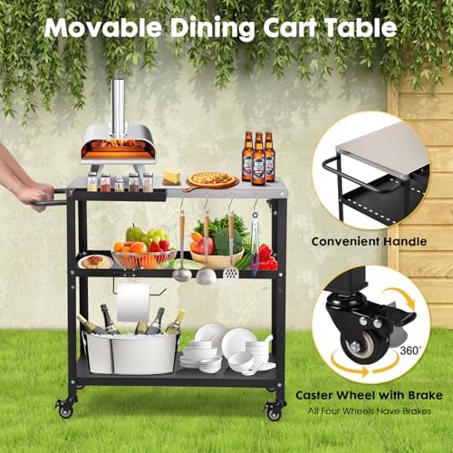 Outdoor Grill Cart Table, Pizza Oven Stand with Casters, Silver - Image 4