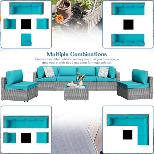 Shintenchi 7 Piece Outdoor Patio Furniture Set with Silver Rattan, Blue - Image 2