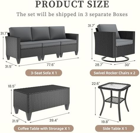 UDPATIO Patio Furniture Set, 5 Pieces Outdoor Conversation Sets with Rocking Swivel Chairs, Wicker Rattan Outdoor Sofa Set with Storage Table and Waterproof Covers for Backyard, Deck, Porch, Grey - Image 2