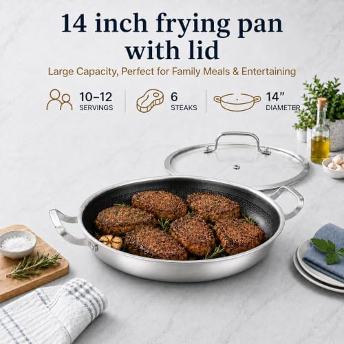 Yeksum Tri-Ply 14.5 Inch Stainless Steel Paella Pan,12 Servings Paella Pan with Lid,18/10 Nonstick Large Skillet,Jumbo Cooker,Induction Pan,Skillets,for Outdoors,Camping,Parties - Image 3