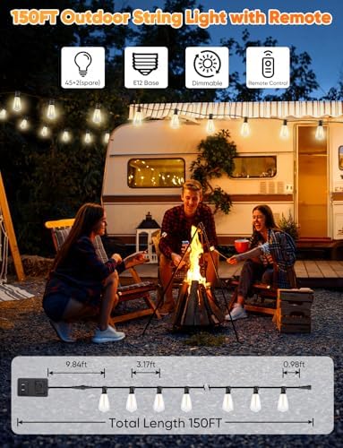 Brightever LED Outdoor String Lights, 150FT Dimmable Patio Lights with Remote Control, 45+2 Shatterproof ST38 Edison Bulbs, 3 Lighting Modes, 3H/5H Timer, Outdoor Hanging Light for Holiday, Party - Image 5