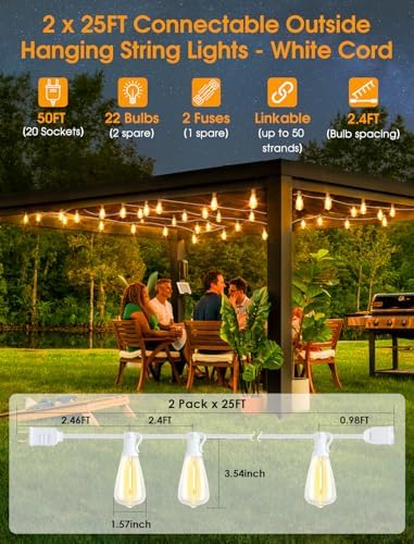 Larkvue 50FT(2x25FT) Outdoor String Lights, Patio Lights with 20+2 LED Dimmable Waterproof ST38 Vintage Bulbs for Wedding Garden Party Decor, White - Image 2