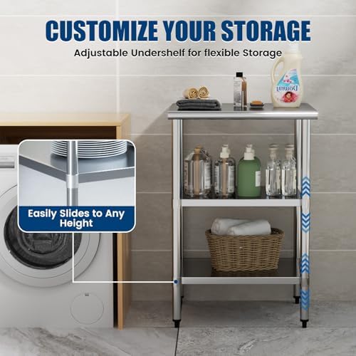 Stainless Steel Work Table 24 x 24 Inch with 2 Adjustable Undershelves, Heavy-Duty Metal Prep Table for Commercial Kitchen & Restaurant, Garage, Outdoor - Image 4
