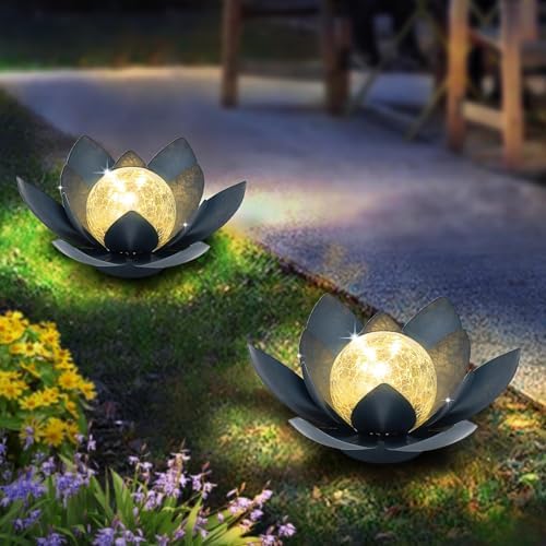 Huaxu Solar Lights Outdoor Garden Decoration Crackle Globe Glass Waterproof LED Metal Blue Lotus Flowers Gift for Mom,Women,Patio,Lawn,Walkway,Tabletop,Ground - Image 6