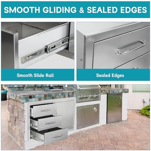 Outdoor Kitchen Door Drawer Combo Cabinet,38.1W x 22.6H x 20.8D Stainless Steel with Handles,Triple Drawers & BBQ Access Combo for Outdoor Kitchen Island (Drawer with Handle and Right Door Combo) - Image 5