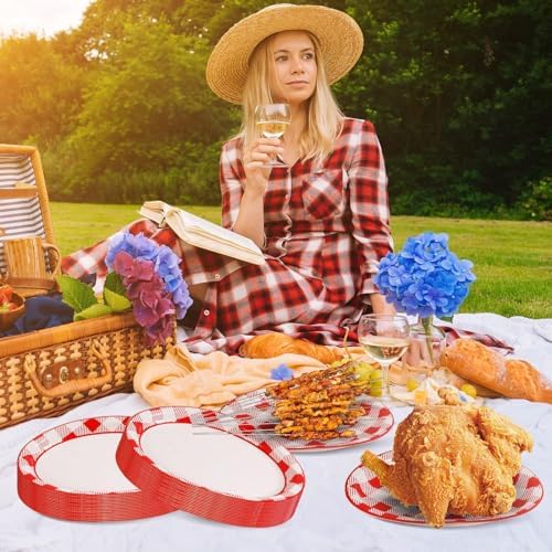 50 PCS Checked Oval Paper Plates Large 11" Disposable Red & White Checkered Platter BBQ Party Decorations Summer Barbecue Supplies Favor for Gathering Picnic Carnival Birthday Party Tableware Set - Image 6