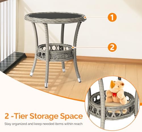 VINGLI Outdoor Wicker Side Table, Patio Side Tables for Outside Tempered Glass Top Wicker Table with Storage End Table for Balcony Porch Deck (Grey) - Image 4