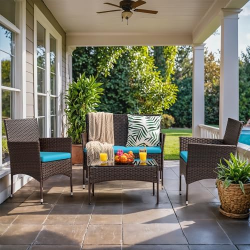Homall 4 Pieces Patio Rattan Chair Wicker, Outdoor Indoor Use Backyard Porch Garden Poolside Balcony Furniture Sets (Blue) - Image 6