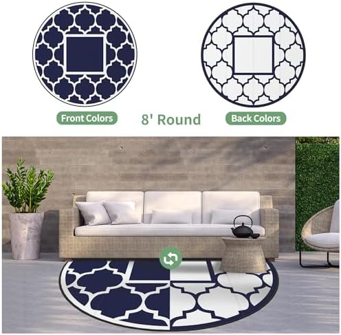 GENIMO Outdoor Rug, Waterproof Plastic Rugs for Patio, 8' Round Blue White - Image 4