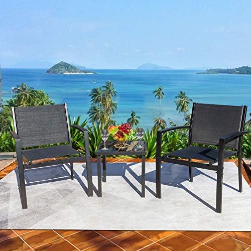 Homall 3 Pieces Patio Furniture Set Outdoor Patio Conversation Textilene Bistro Set Modern Porch Lawn Chairs with Coffee Table for Home and Balcony (Black) - Image 2