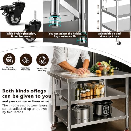 Stainless steel kitchen prep and work table with Wheels,51x24in,Multi-Size - Image 4