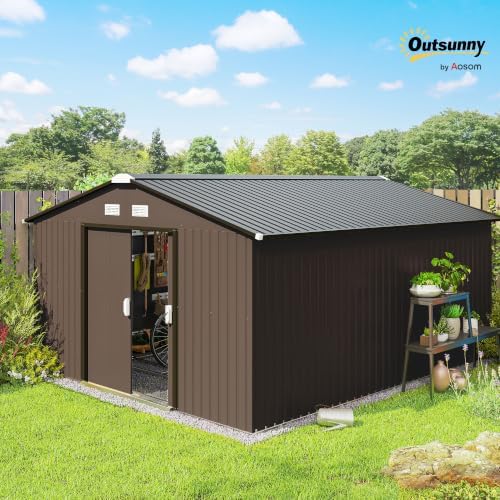 Outsunny 11' x 13' Outdoor Storage Shed, Garden Tool Metal Shed, Brown - Image 2