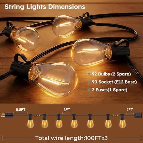 GvvooHome LED Outdoor String Lights, 300FT Waterproof Patio Lights with 92 Shatterproof S11 Plastic Bulbs, 2700K Warm White Edison Hanging Lights for Backyard, Garden, Porch, Bistro - Image 6
