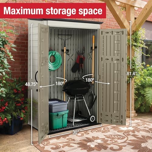 Rubbermaid Vertical Resin Outdoor Storage Shed With Floor (4 x 2.5 Ft) Weather Resistant Beige/Brown Organization for Home/Backyard/Pool Chemicals/Toys/Garden Tools/Porch/Patio Cushions - Image 5