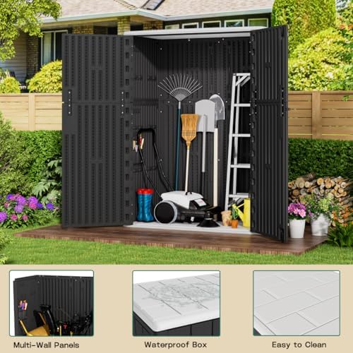 KINYING Outdoor Vertical Storage Shed,57 Cu.ft Outdoor Storage Cabinet Waterproof,Resin Sheds & Outdoor Storage Clearance for Garden,Patio,Backyard,Lockable (Black) - Image 3