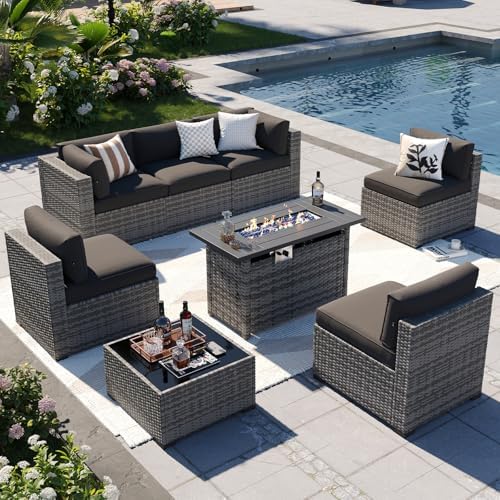Aoxun Patio Furniture Sets, 8-Piece Outdoor Patio Furniture with 44'' Propane Gas Firepit Table, Wicker Outdoor Conversation Set Sectional Sofa for Backyard, Poolside, Garden by Aoxun