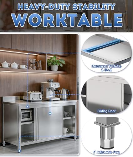 59" Stainless Steel Kitchen Worktable with Cabinet, 800 LBS Heavy Duty Commercial Prep Table with Sliding Doors & Adjustable Feet, Backsplash, for Restaurant, Home, Garage, Outdoor BBQ - Image 4