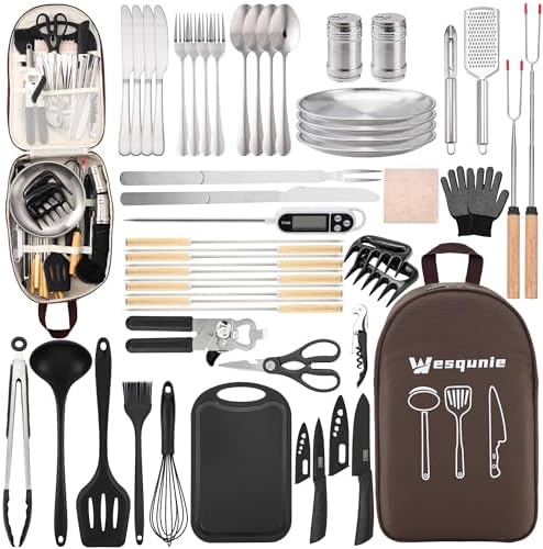 Camping Essentials Cookware Cooking Utensils Set - Portable Camp Kitchen Mess Kit Outdoor Accessories, Stainless Steel & Silicone, Camping Gear Equipment for RV Picnic Grill,Brown Pro by WesqunieOutdoorAccessories