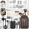 Camping Essentials Cookware Cooking Utensils Set - Portable Camp Kitchen Mess Kit Outdoor Accessories, Stainless Steel & Silicone, Camping Gear Equipment for RV Picnic Grill,Brown Pro by WesqunieOutdoorAccessories