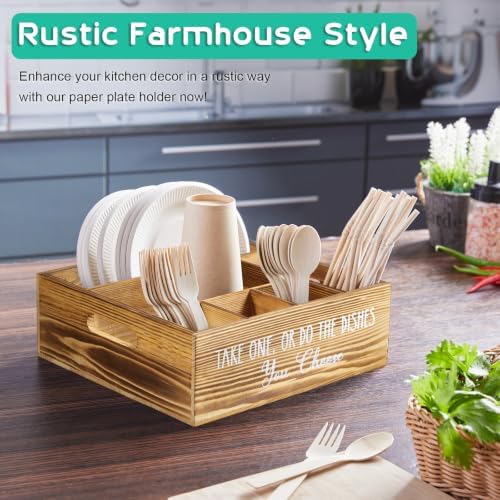 ALELION Rustic Plate and Utensil Caddy, 6-Compartment Paper Plate and Cutlery Holder with Handles, Kitchen and Party Organizer for BBQs, Picnics, and Gatherings, Brown - Image 5