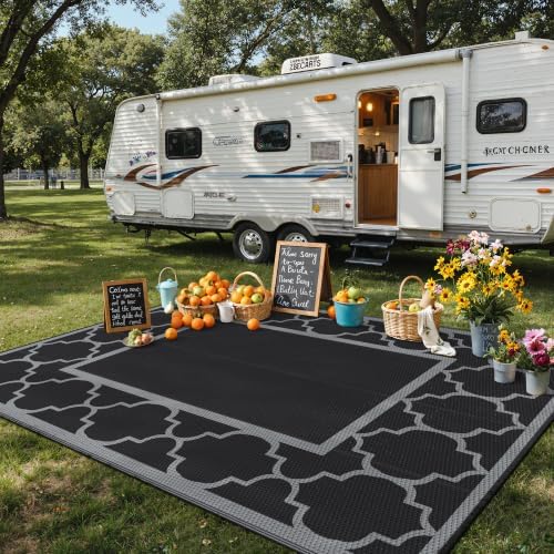 GENIMO Outdoor Rug, Waterproof Plastic Rugs for Patio, 8'x10' Black Gray - Image 3