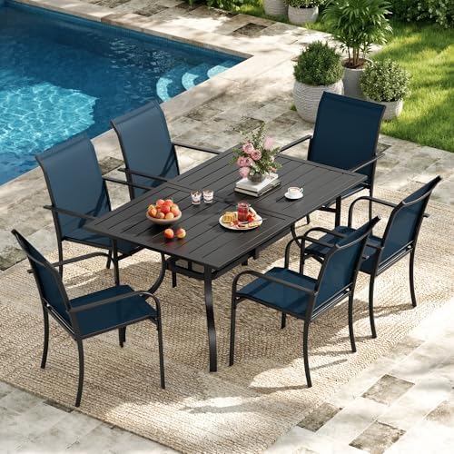 Incbruce 7 Pieces Patio Dining Set, Outdoor Dining Set of 6 Textilene Chairs and Rectangle Table with Umbrella Hole for Backyard, Garden, and Poolside (Blue) - Image 2