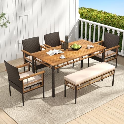 Tangkula 6 Pieces Patio Dining Table Set, Outdoor Rectangular Acacia Wood Table with 1.97” Umbrella Hole & Cushioned Backless Bench & 4 Armchairs, for Garden, Deck, Yard - Image 2