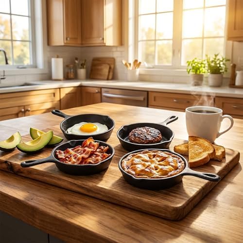 Hiceeden 4 Pack Mini Cast Iron Skillet, 4" Small Frying Pans with Double Drip-Spouts for Stove, Oven, Grill Safe, Indoor and Outdoor Use, Non-stick - Image 7