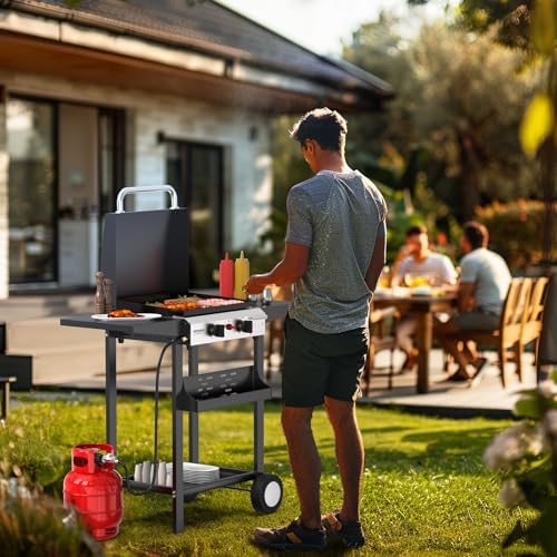 ROVSUN 2 Burner Portable Propane Griddle with Enameled Tray & Lid, 20000 BTU Rolling Flat Top Gas Grill with Electronic Ignition, Side Shelves & Regulator for Outdoor Cooking Camping BBQ Tailgating - Image 7