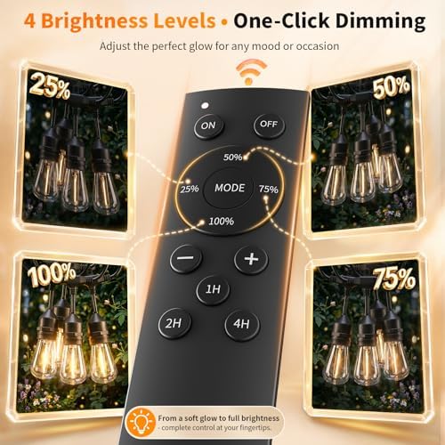 Hotsonic Remote Control Outdoor String Lights Waterproof, 100FT LED Outside Lights with Shatterproof Bulbs, Dimmable Hanging S14 Lights 3 Modes for Patio Porch Garden Pergola Yard House Party Decors - Image 4
