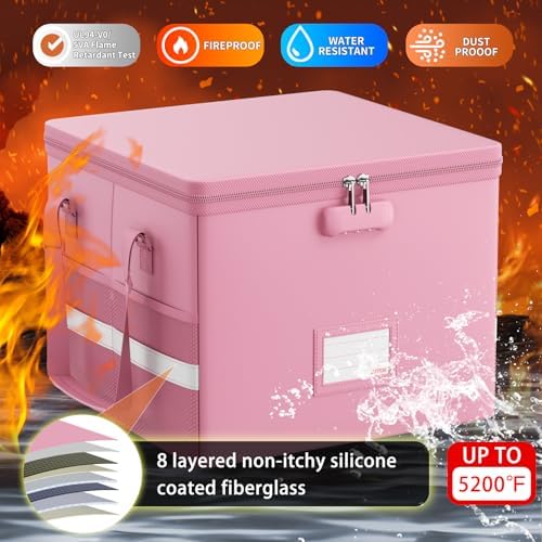 ENGPOW 5200°F File Box Fireproof Document Box with Lock,Heat Insulated Collapsible File Storage Organizer Box with Handle,Portable Home Office File Cabinet for Hanging Letter/Legal Size Folder, Pink - Image 3