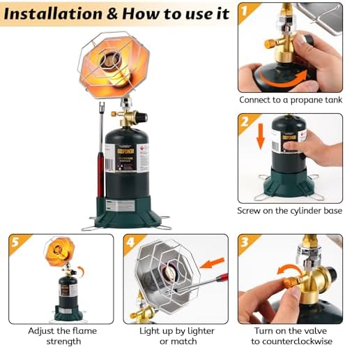 Propane Heater 6200BTU, Camping Portable Outdoor Heater with USB Lighter and Cylinder Stand, for Outdoor Space, Patio, Finshing, Hunting,Open Work(Fuel not included) - Image 6