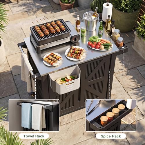 Outdoor Grill Cart with Stainless Steel Top, Outdoor Kitchen Island BBQ Prep Table, 2-Tier Storage Cabinet, Rolling Utility Station with Hanging Trash Bin, Wheels, Side Shelf for Patio, Yard, Picnic - Image 5