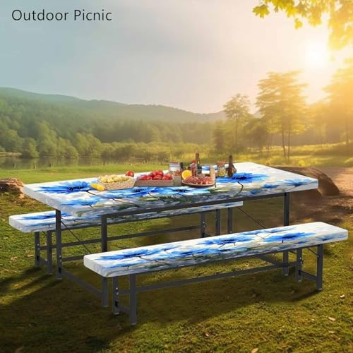 CAPSCEOLL Fitted Picnic Table Cover with Bench Covers 6ft - Blue Flowers - Image 6