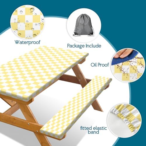 Picnic Table Cover with Bench Covers and Bag, Yellow White Checkered Gingham Buffalo Plaid Camping Tablecloth Waterproof Windproof Elastic Edges Fitted Tablecloths for Outdoor Garden 3PCS 30x72 Inch - Image 7