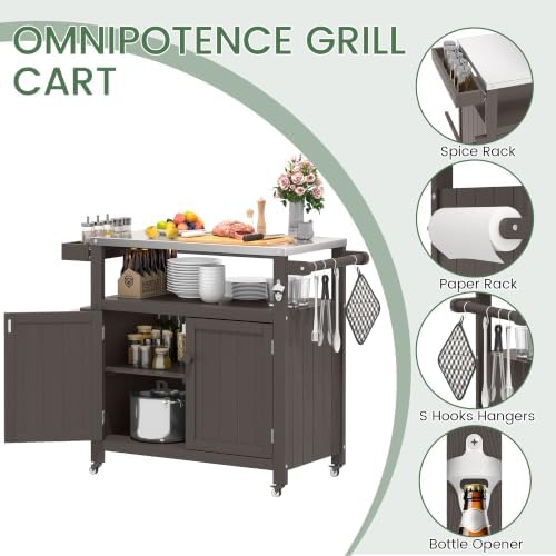 Weatherproof HIPS Outdoor Kitchen Island with Stainless Steel Top & Storage Cabinet, Movable Prep Table with Wheels for BBQ Food Prep, Outdoor Grill Cart for Parties, Cocoa Brown - Image 3