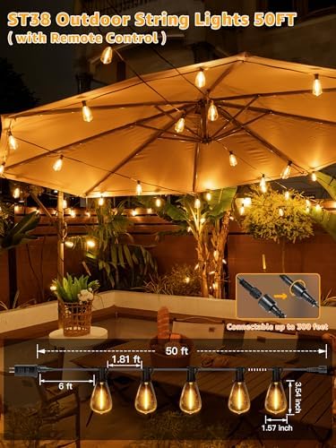 Outdoor String Lights Dimmable with Remote, 50 FT Outdoor Lights with 2 Timer and 3 Modes, Waterproof & Shatterproof Patio Lights, 2200K Energy Saving LED String Lights 2 Spare Bulbs for Patio Yard - Image 2