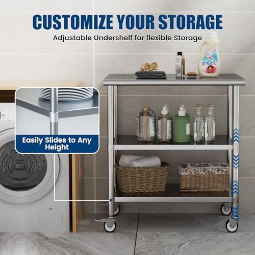 Stainless Steel Work Table with Wheels, 24x36 Inch NSF Kitchen Prep Table with 2 Adjustable Undershelves for Commercial Restaurant, Garage, Outdoor BBQ - Image 4